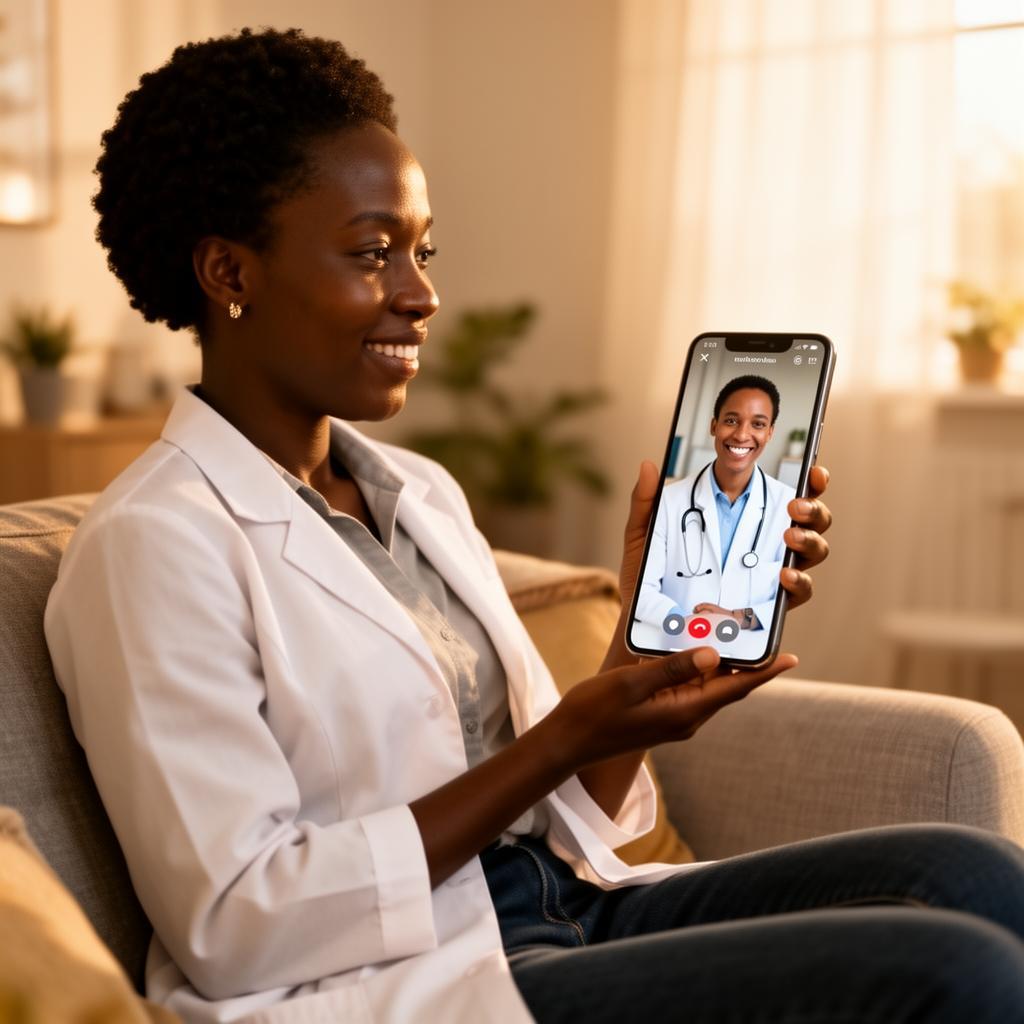 A doctor holding a phone during a virtual consultation