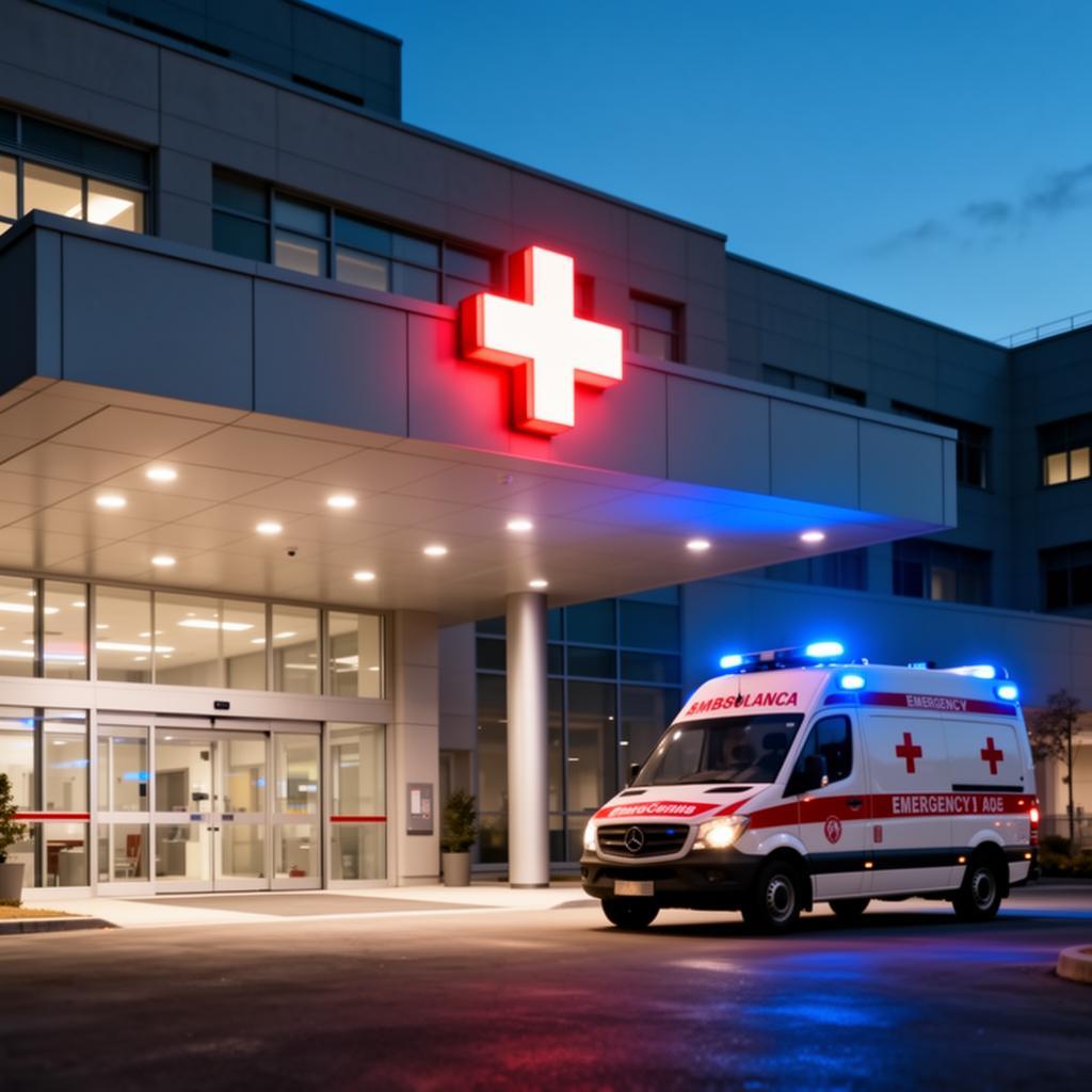 A hospital emergency entrance with an ambulance outside