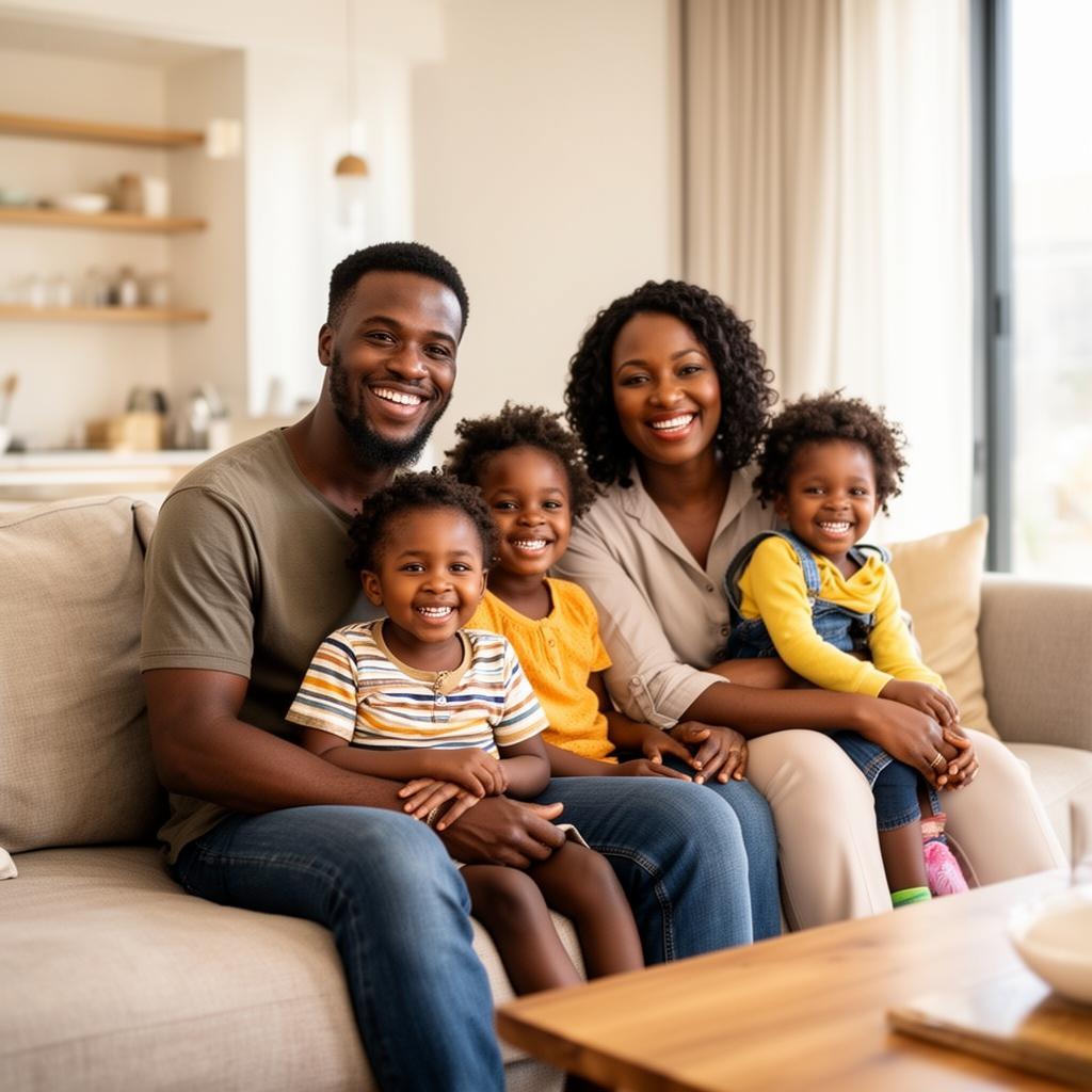 A smiling Nigerian family sitting together at home