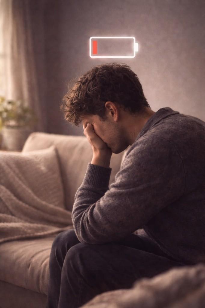 A man sitting on a sofa with his head in his hands and a low-battery icon above him, symbolising emotional exhaustion and burnout