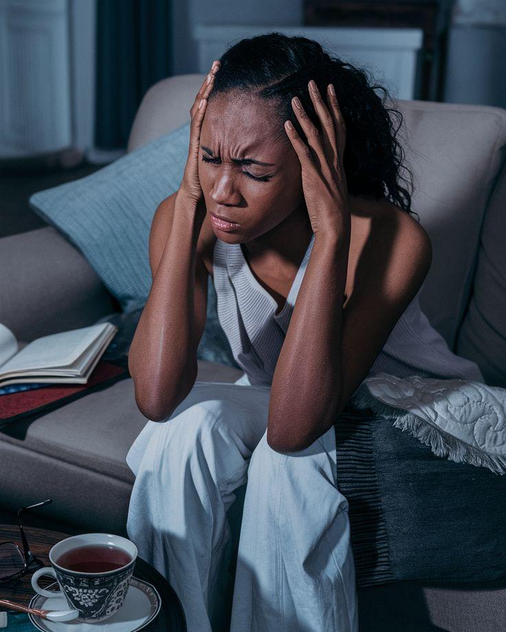 A young woman sitting on a couch at night holding her head in her hands, showing signs of stress, anxiety, or emotional exhaustion