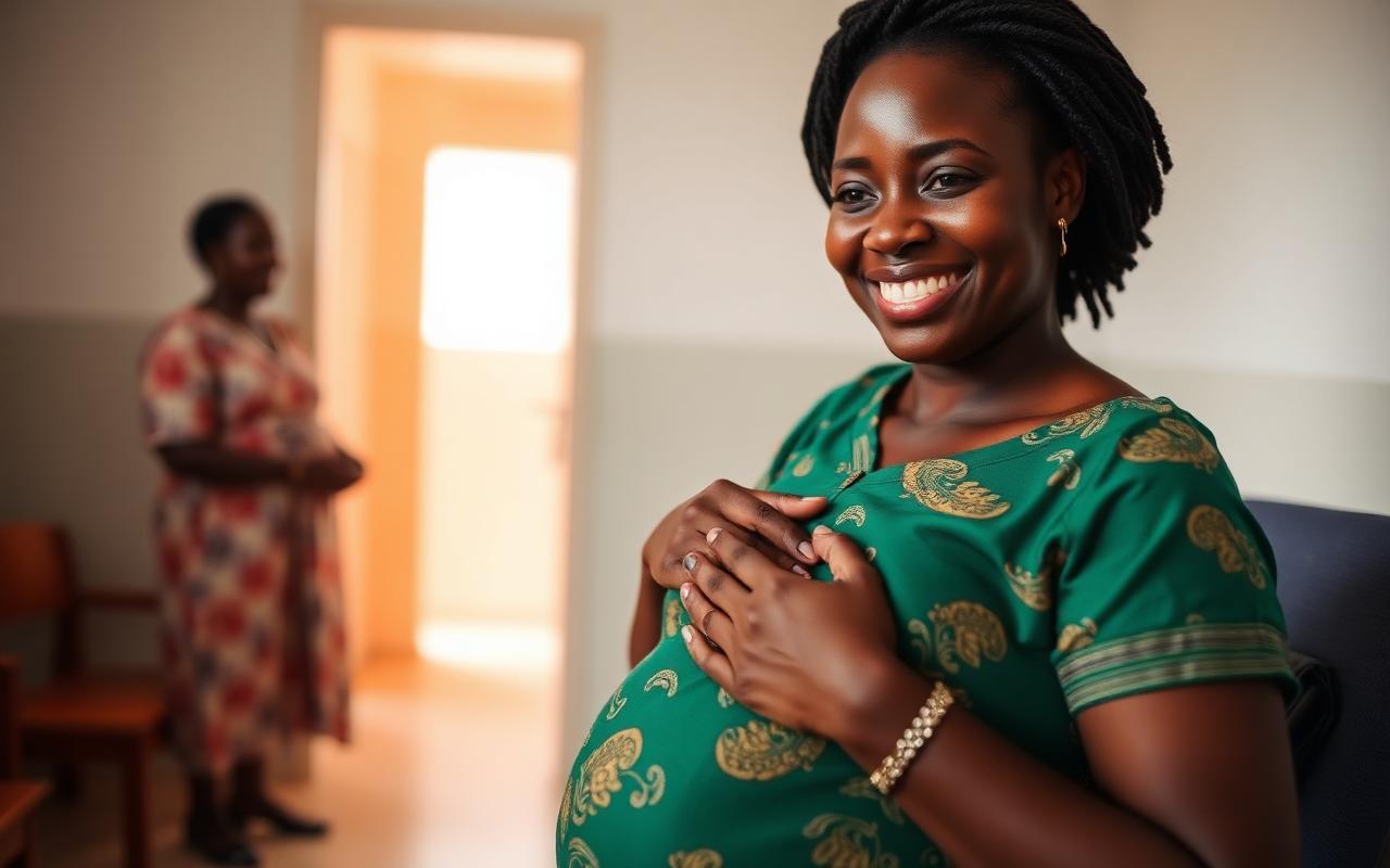 A pregnant woman smiling during a clinic visit