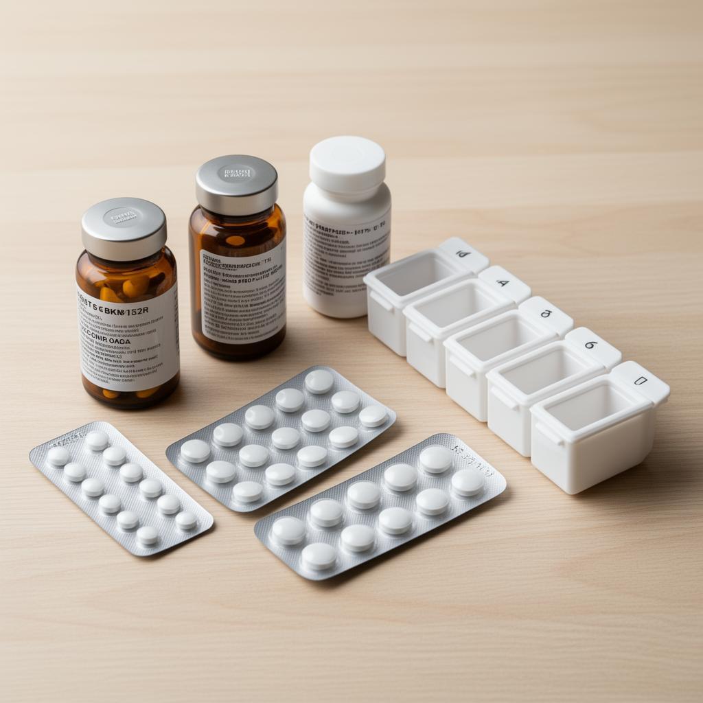 Medication bottles, tablets and a weekly pill organizer